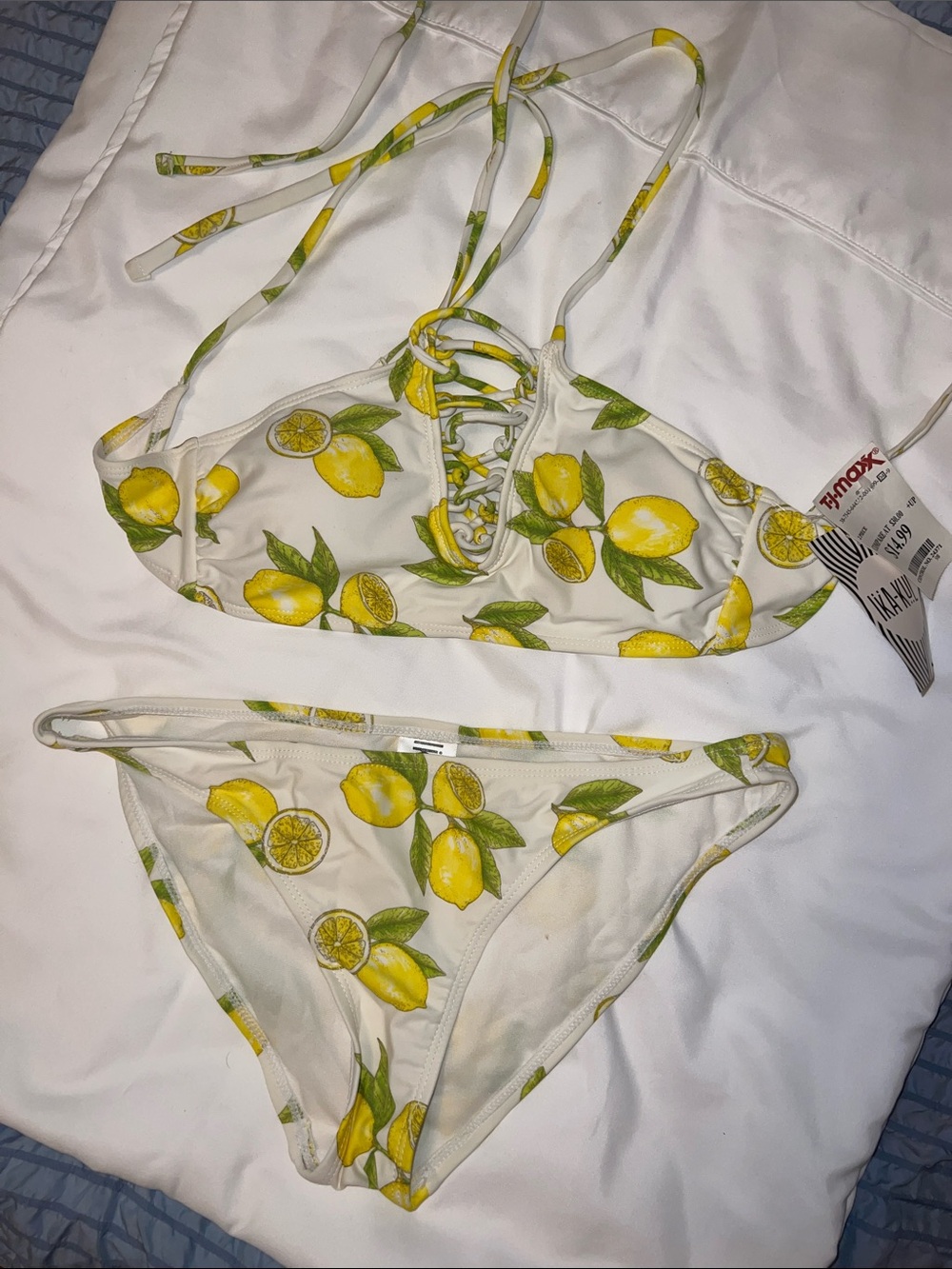 Lemon Print Lace-Up Triangle Bikini - Yellow/Green on White